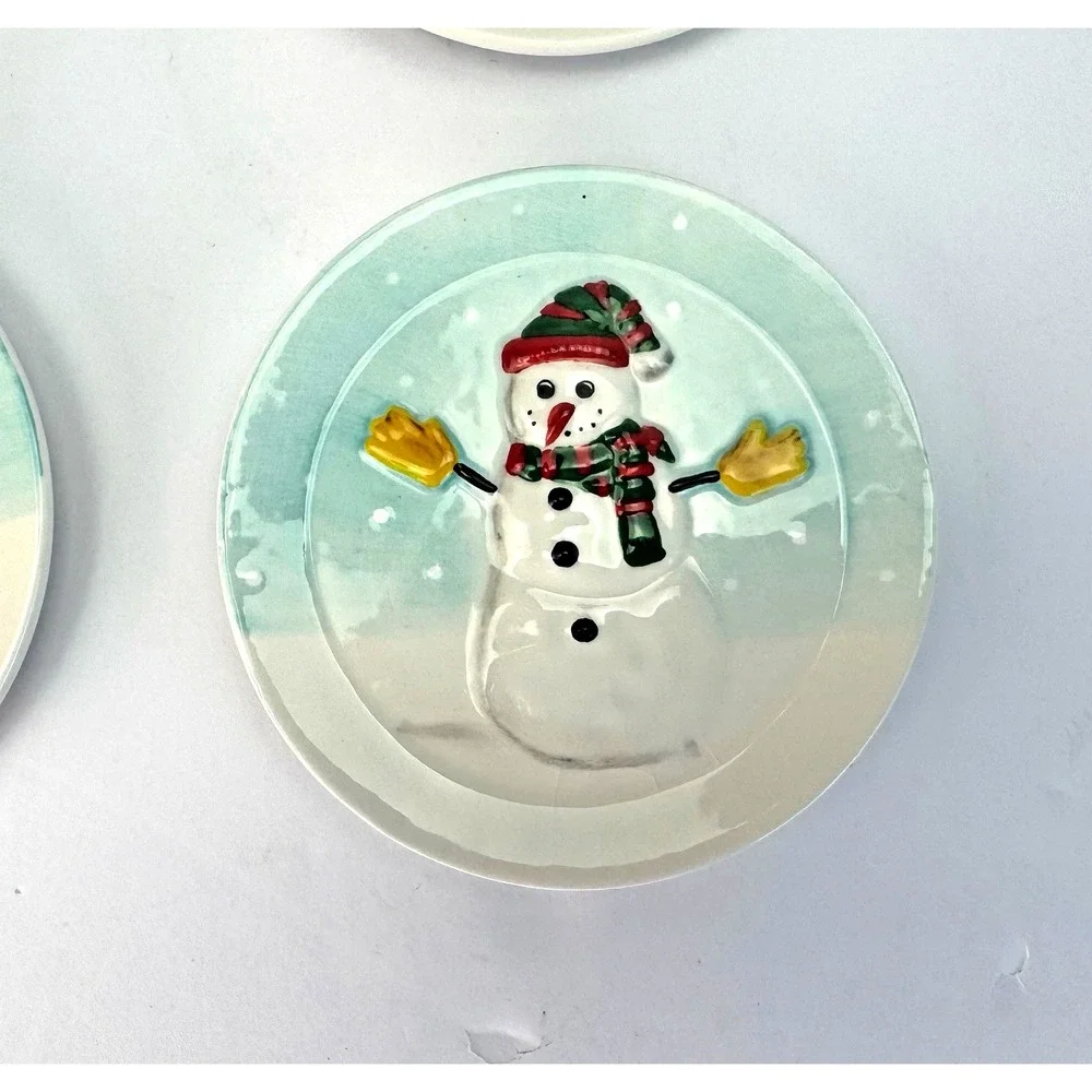 SNOWMAN How To Build CHRISTMAS WINTER Bread Dessert Appetizer Plates‎ Dishes Set